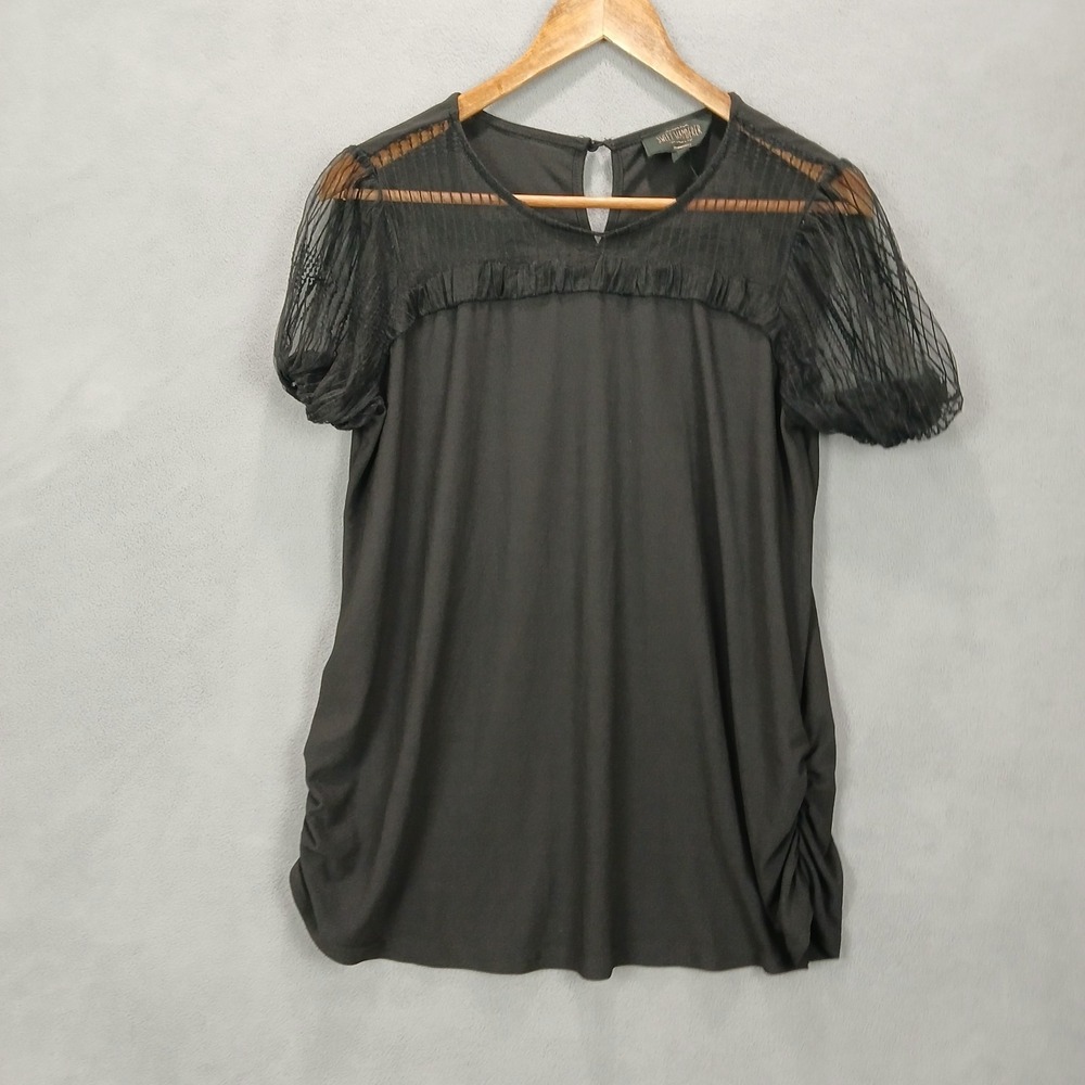 Sweet‎ Wanderer Blouse Top Womens L Black Puff Sleeve Side Cinched Keyhole Back